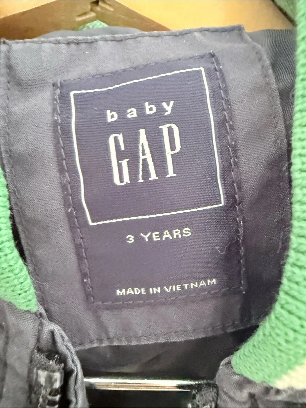 GAP Navy Puffer Jacket with Green & White Striped Trim